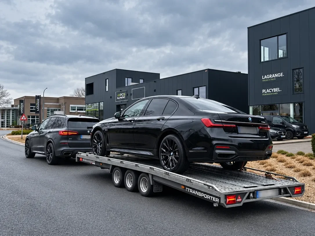 Zwarte BMW 7 Reeks op de trailer van CLIM
