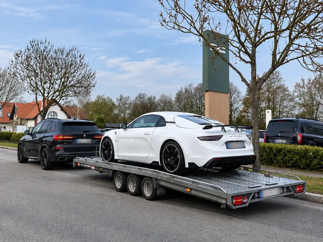 Witte Alpine A110 op de trailer van CLIM
