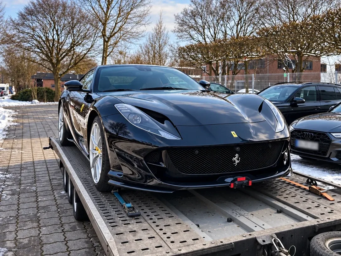 Zwarte Ferrari op de trailer van CLIM